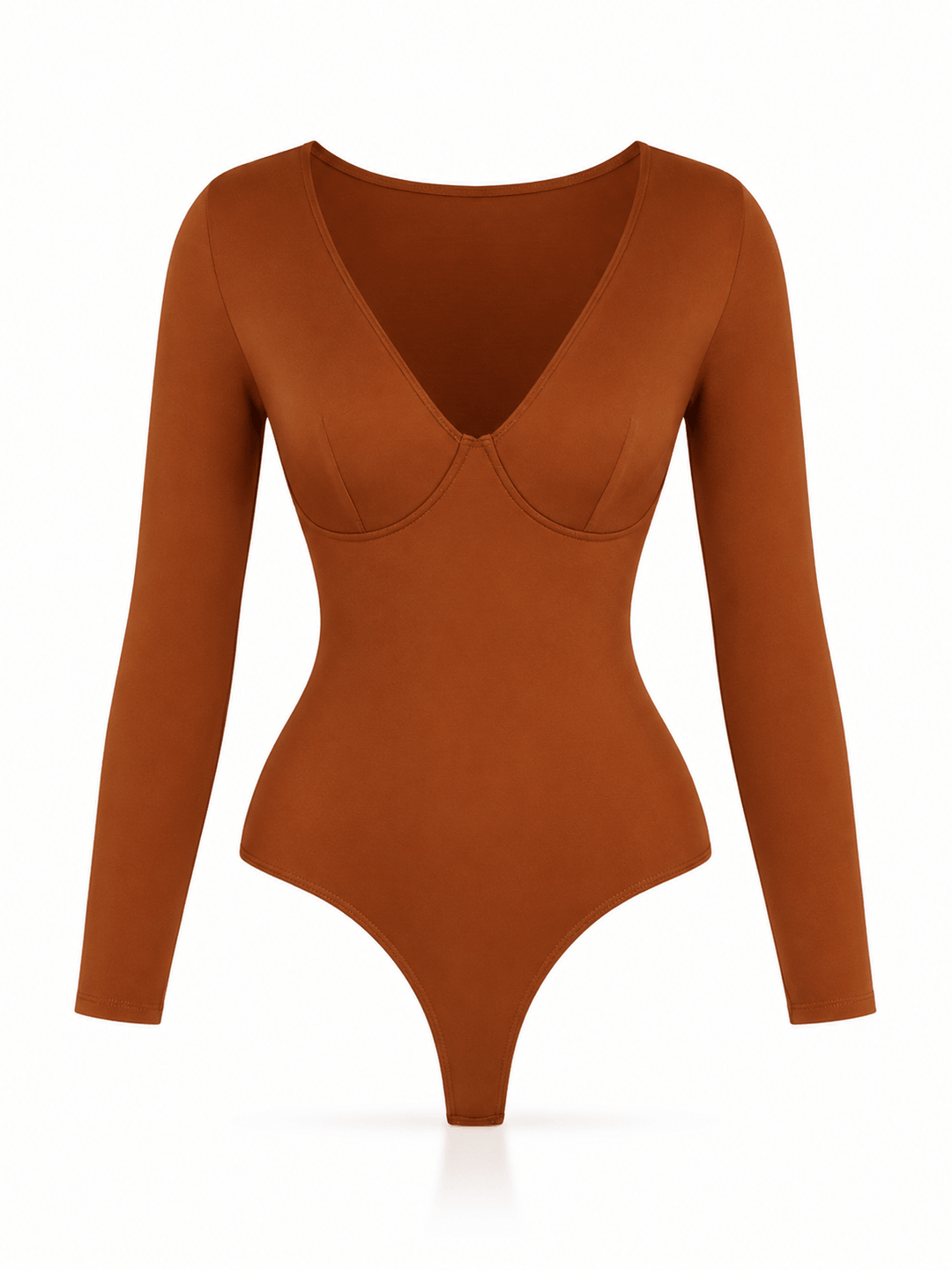 Ultra Deep Sculpt Long Sleeve Bodysuit in warm brown color featuring a deep V-neck bodysuit design.