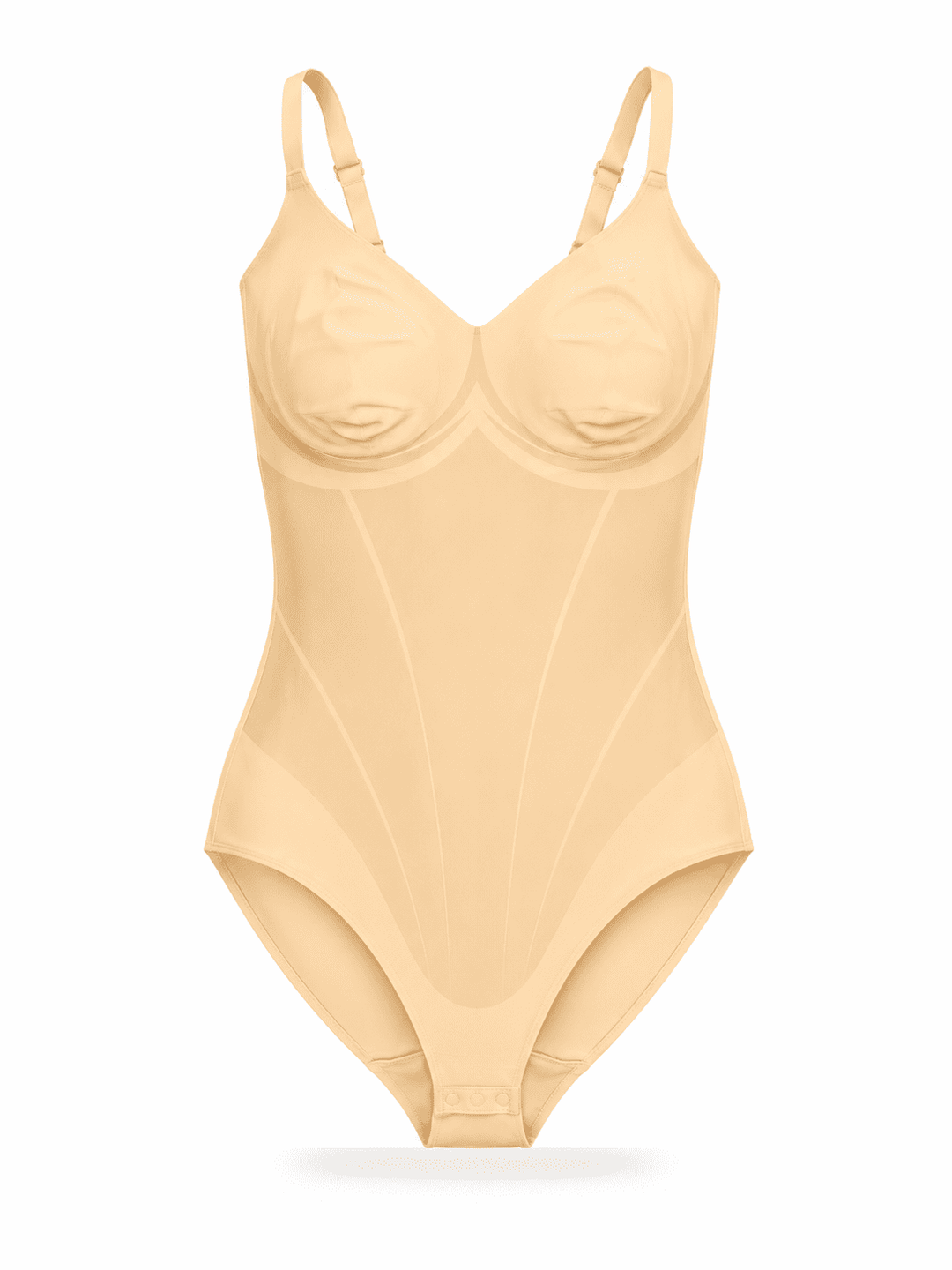 A light beige structured bodysuit with molded cups and thin shoulder straps, shown against a plain white background.