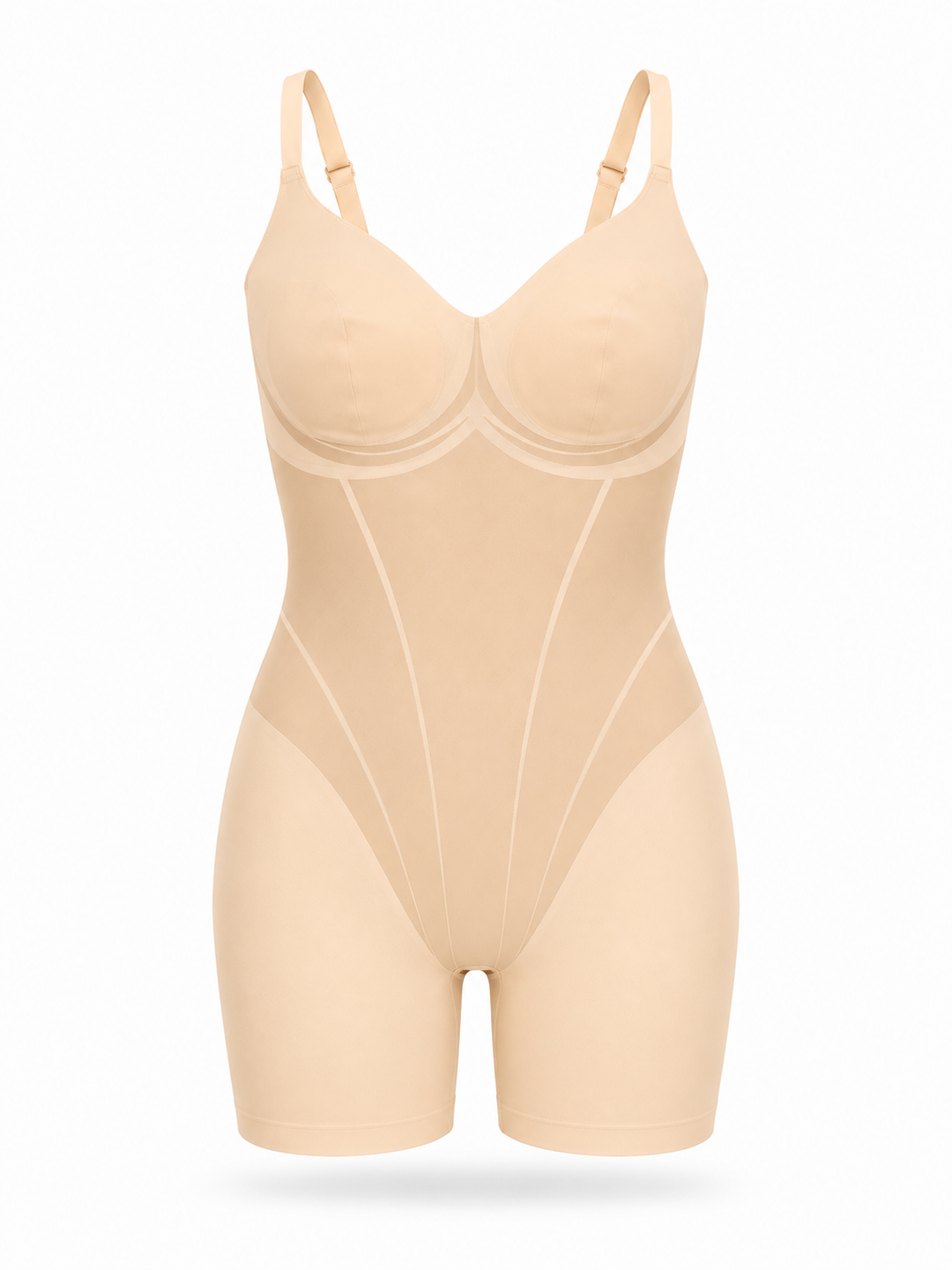 A nude beige compression bodysuit with molded cups and built-in shapewear panels, shown on a clean white background.