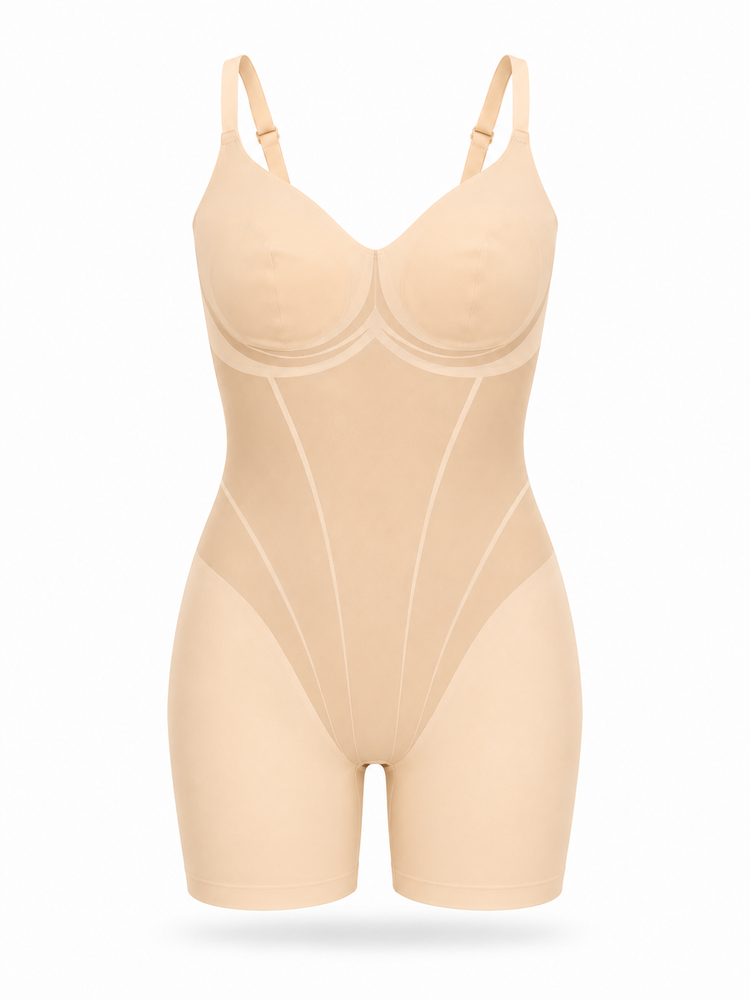 A nude beige compression bodysuit with molded cups and built-in shapewear panels, shown on a clean white background.