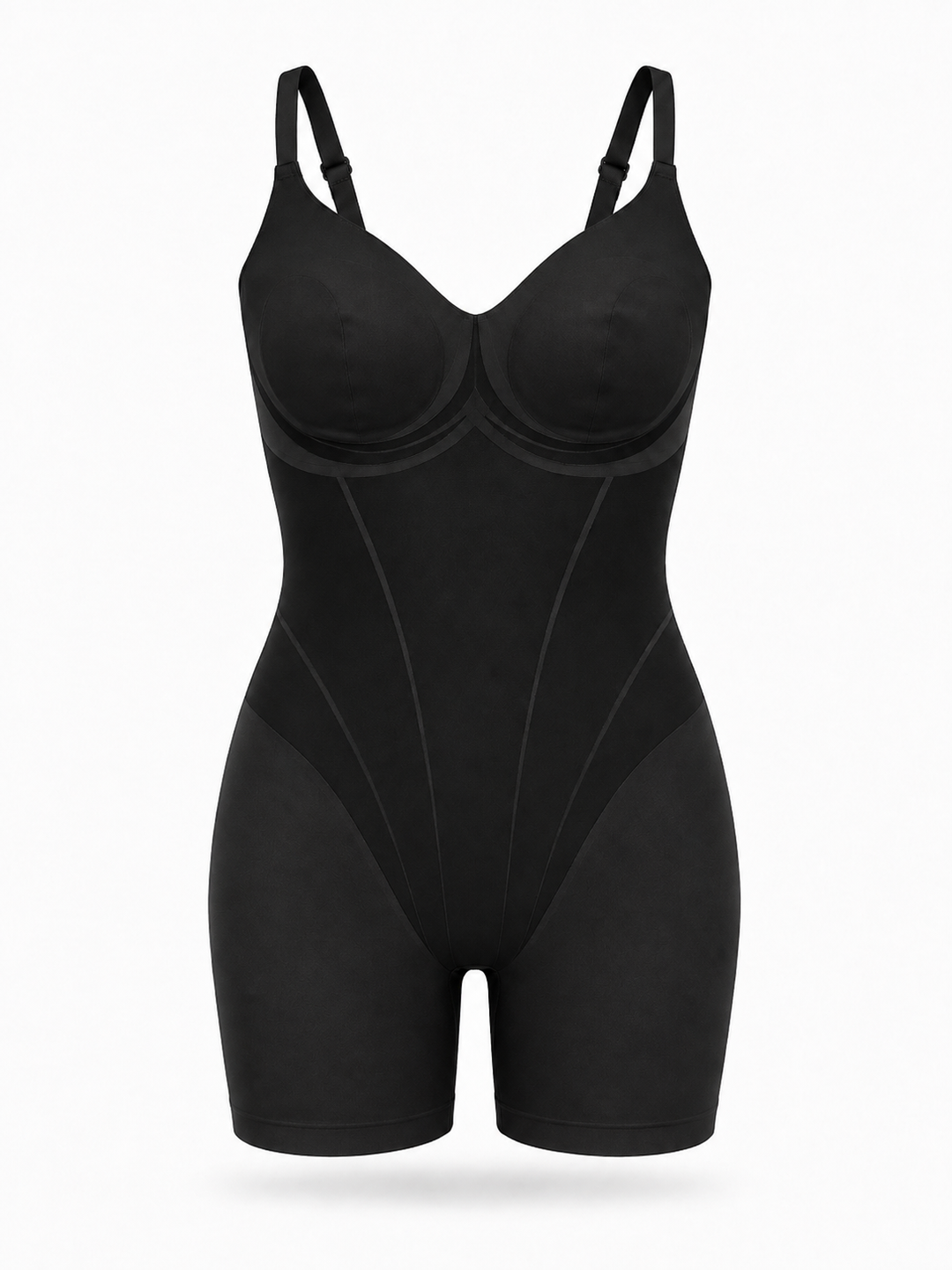 Black shapewear bodysuit with short legs and underwire cups, shown on a clean white background.