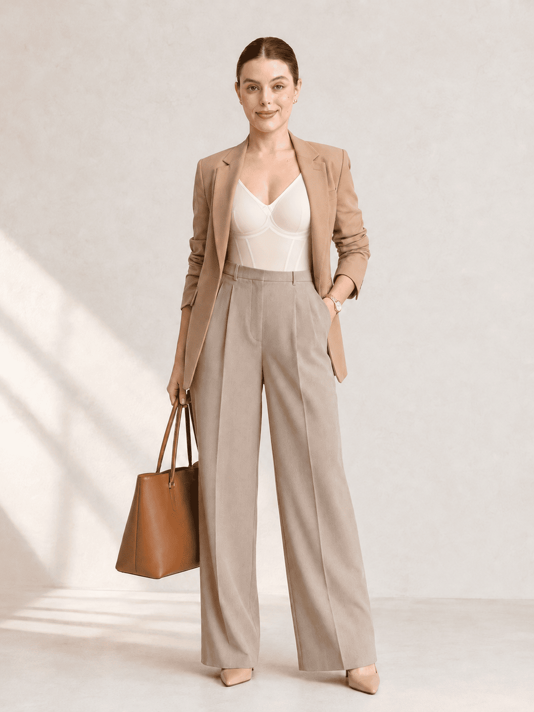 A woman models a beige two-piece blazer and wide-leg trousers set, styled with a white camisole, beige heels, and a brown leather tote bag against a textured light gray studio backdrop.