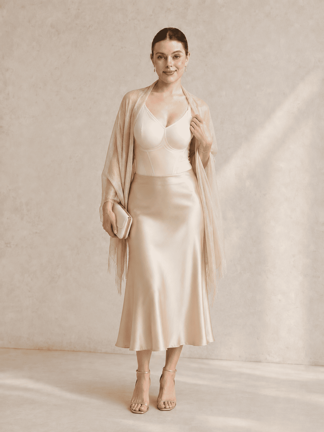 A woman models a champagne-colored satin midi skirt with a matching sheer draped wrap, paired with a structured camisole and nude high-heeled sandals, set against a textured beige studio backdrop.