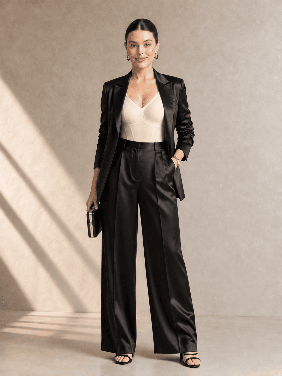 A woman models a black satin blazer and matching wide-leg trousers over a beige bodysuit, standing against a textured beige wall with diagonal shadows.