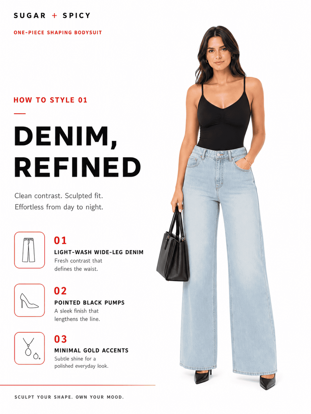Woman wearing a seamless thong bodysuit styled with light-wash wide-leg denim and black pumps, showcasing denim refinement.