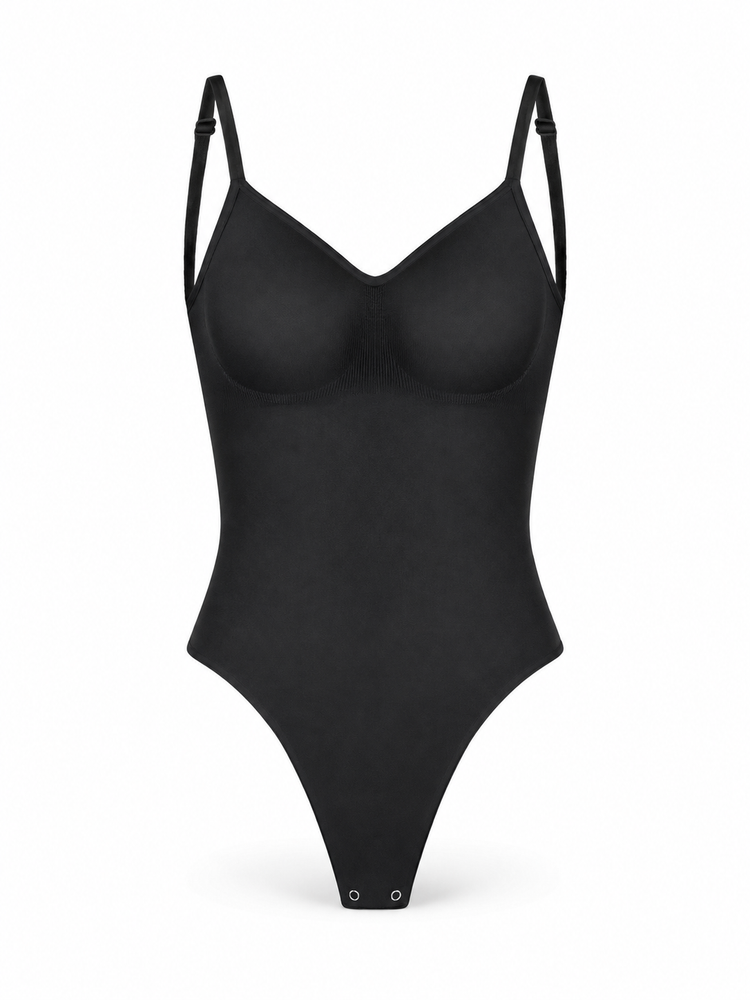 OpenSculpt Seamless Low-Back Thong Bodysuit, a sleek black low-back thong bodysuit designed for smooth silhouettes.