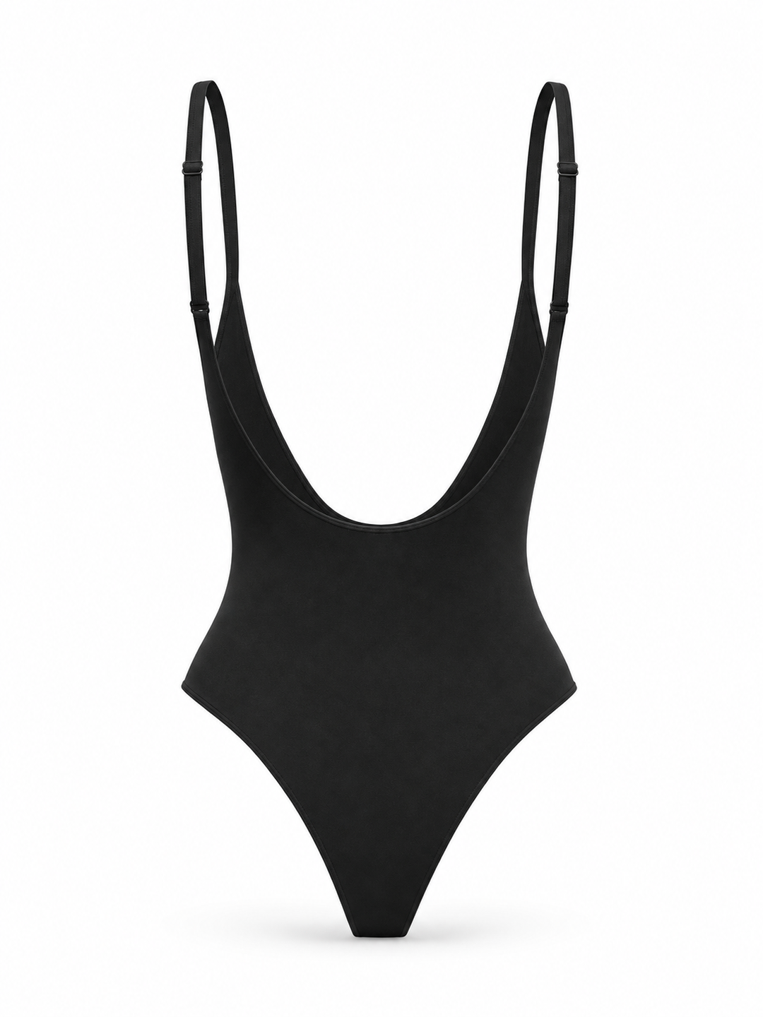 OpenSculpt Seamless Low-Back Thong Bodysuit showcasing a sleek black design with low scoop-back and thin straps.