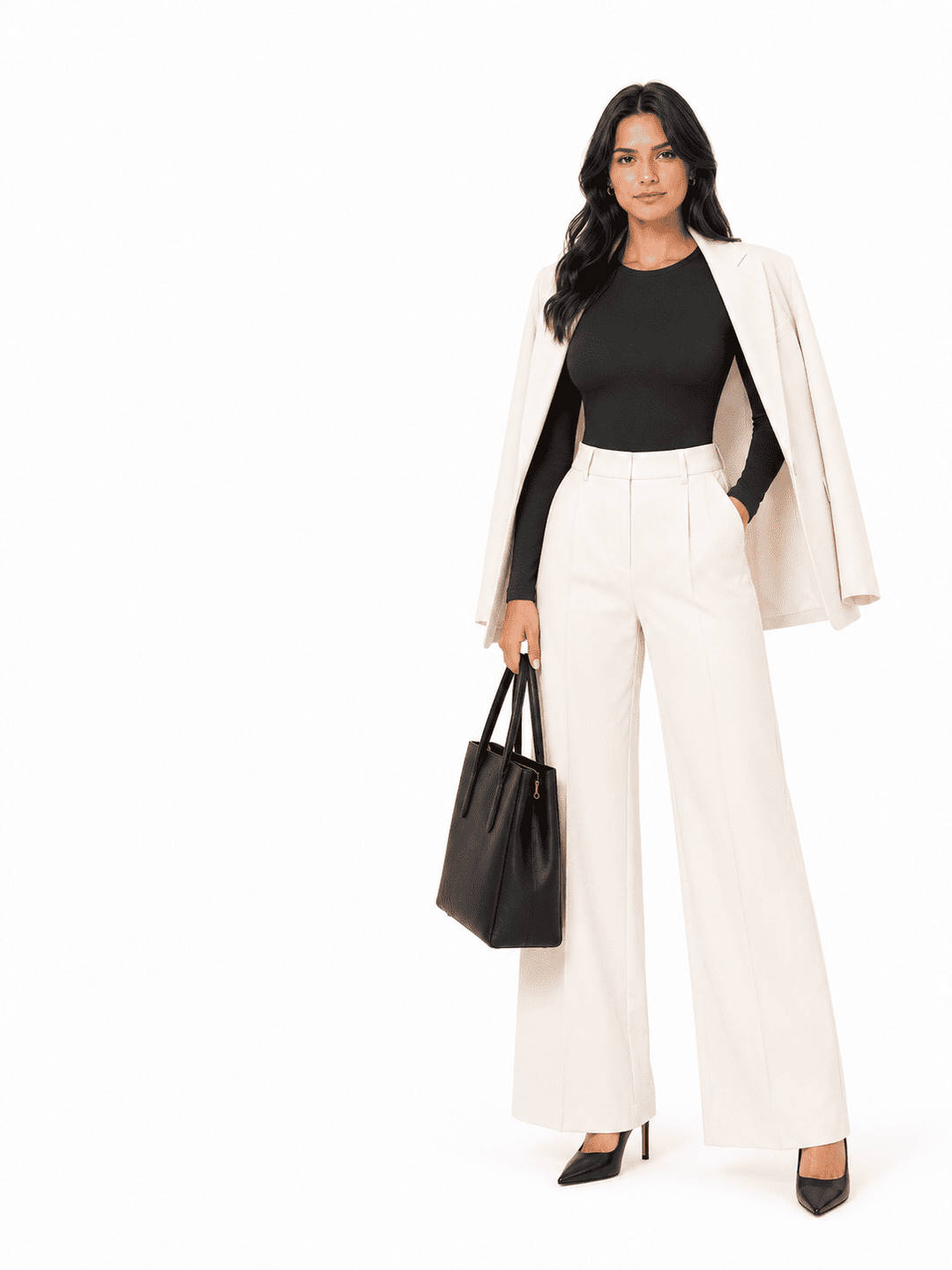 Woman in a seamless long sleeve bodysuit paired with wide-leg pants and a blazer, holding a black handbag.