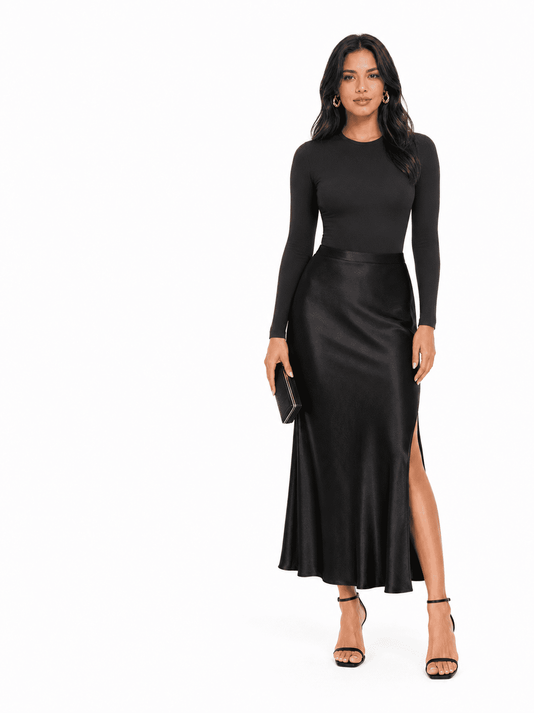 Model wearing BodySculpt seamless long sleeve bodysuit with a sleek black skirt and heels.