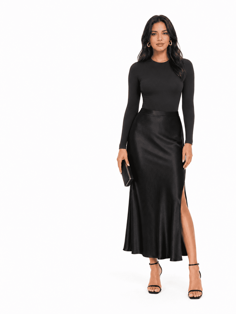 Model wearing BodySculpt seamless long sleeve bodysuit with a sleek black skirt and heels.