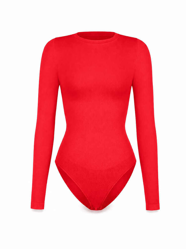 BodySculpt Seamless Long Sleeve Bodysuit in vibrant red, featuring long sleeves and a close-fitting crew neckline.
