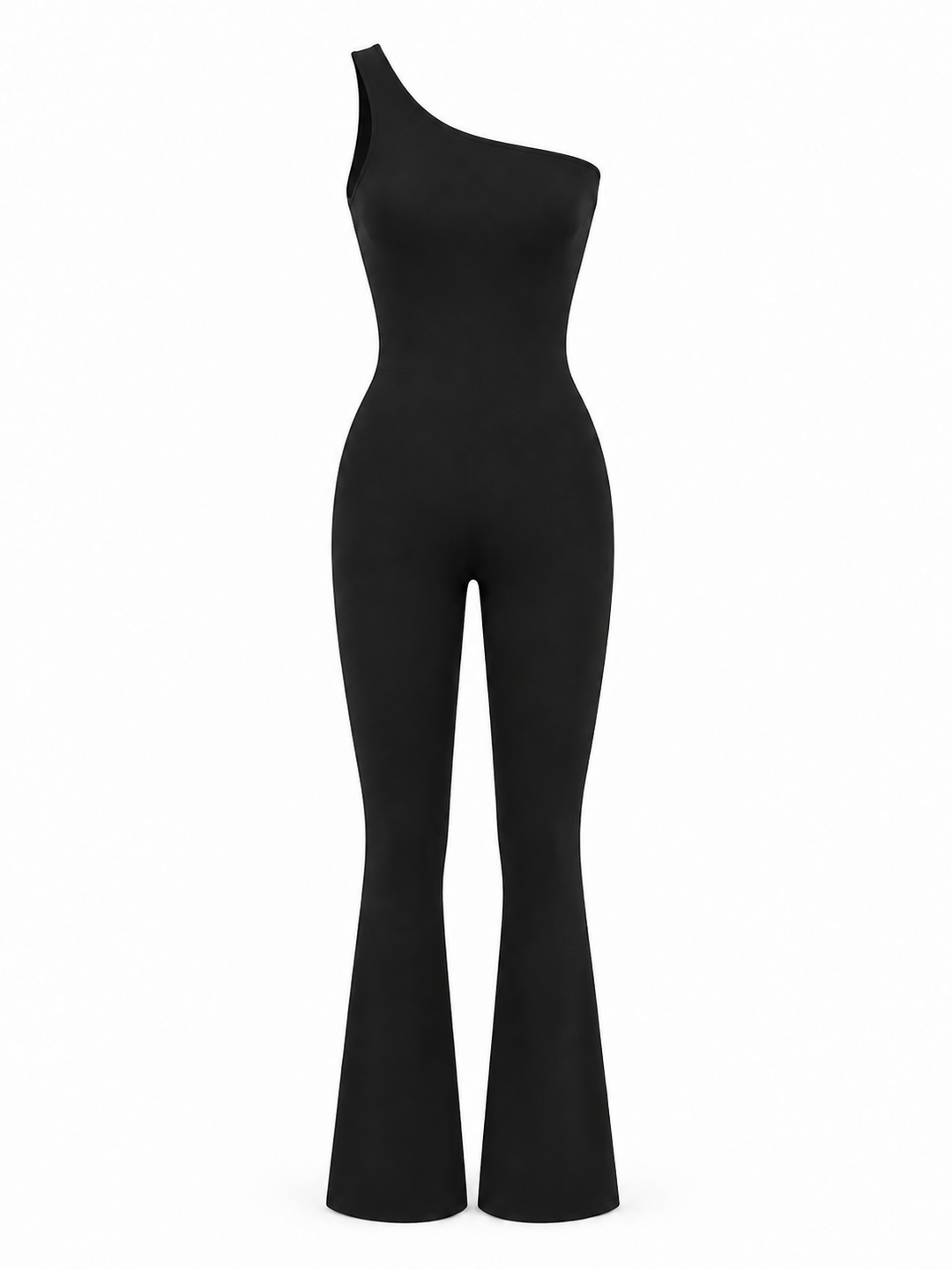 A black one-shoulder jumpsuit with a fitted bodice and flared legs, shown on a plain white background.
