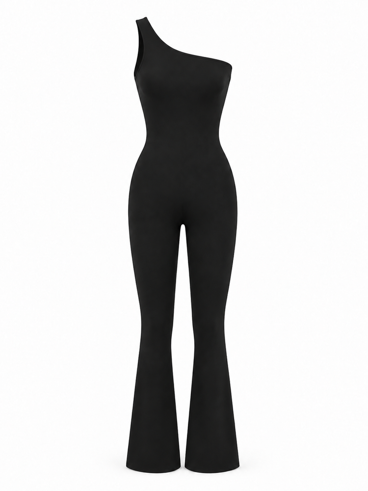 A black one-shoulder jumpsuit with a fitted bodice and flared legs, shown on a plain white background.