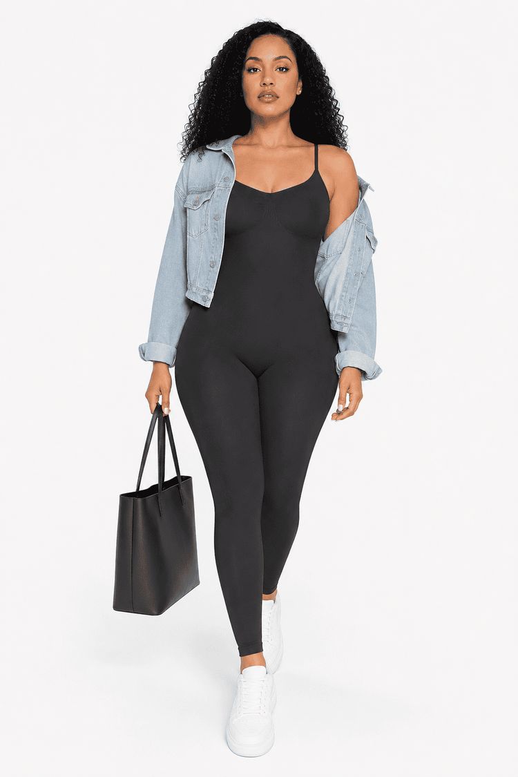 A woman modeling a black camisole jumpsuit with spaghetti straps and full-length legs, styled with an open light-wash denim jacket, white sneakers, and a black tote bag against a plain white studio background.