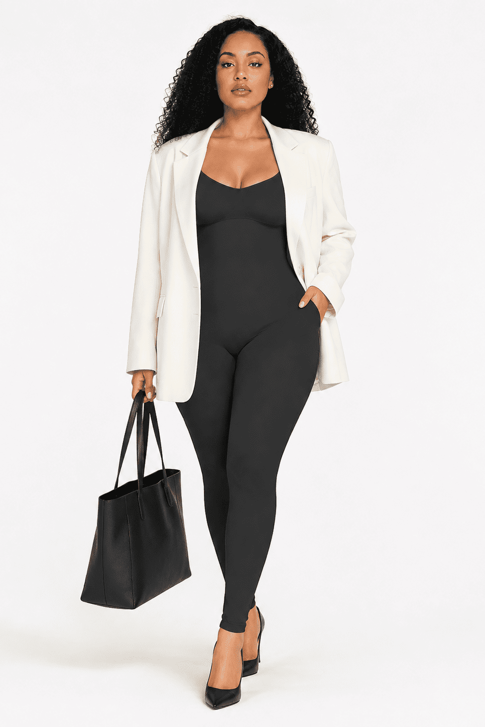A woman modeling a black bodysuit with a white blazer, black heels, and holding a black tote bag against a plain white studio background.