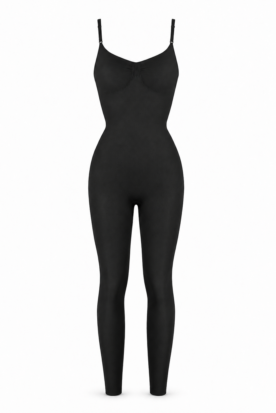 A black full-body bodysuit or shapewear jumpsuit with thin shoulder straps, a sweetheart neckline, and a fitted silhouette, shown against a plain white background.
