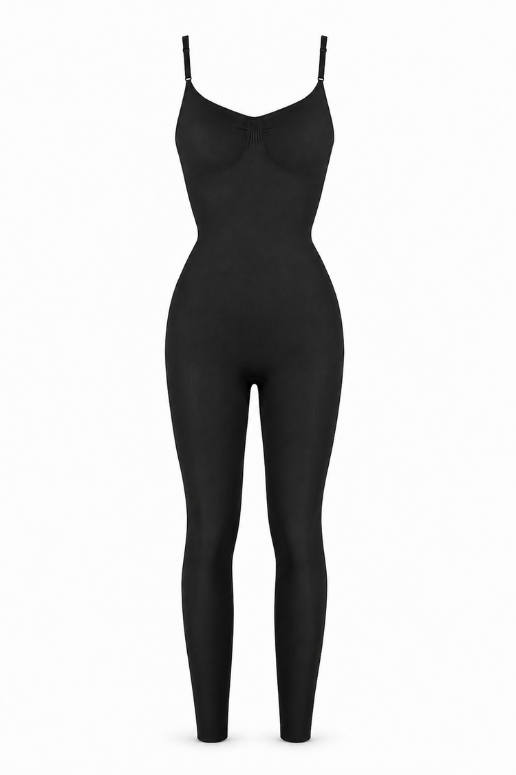 A black full-body bodysuit or shapewear jumpsuit with thin shoulder straps, a sweetheart neckline, and a fitted silhouette, shown against a plain white background.
