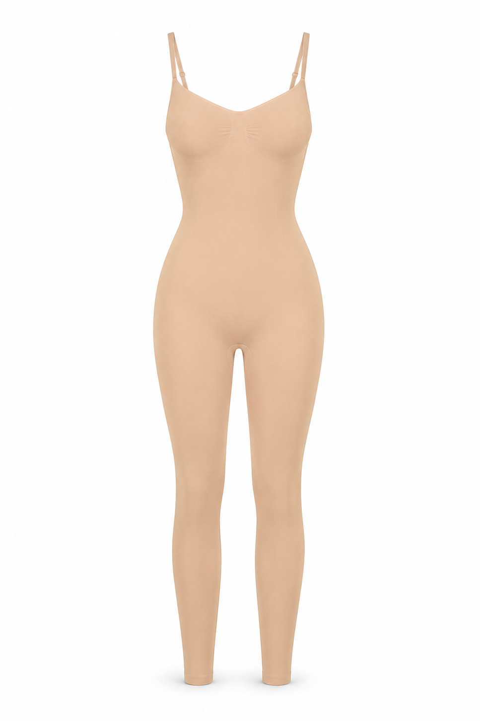 A full-body beige shapewear bodysuit or compression garment with thin shoulder straps, shown on a plain white background.