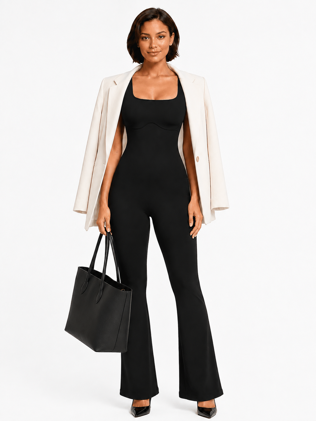A woman modeling a black flared jumpsuit with a white blazer and black tote bag against a plain white studio background.