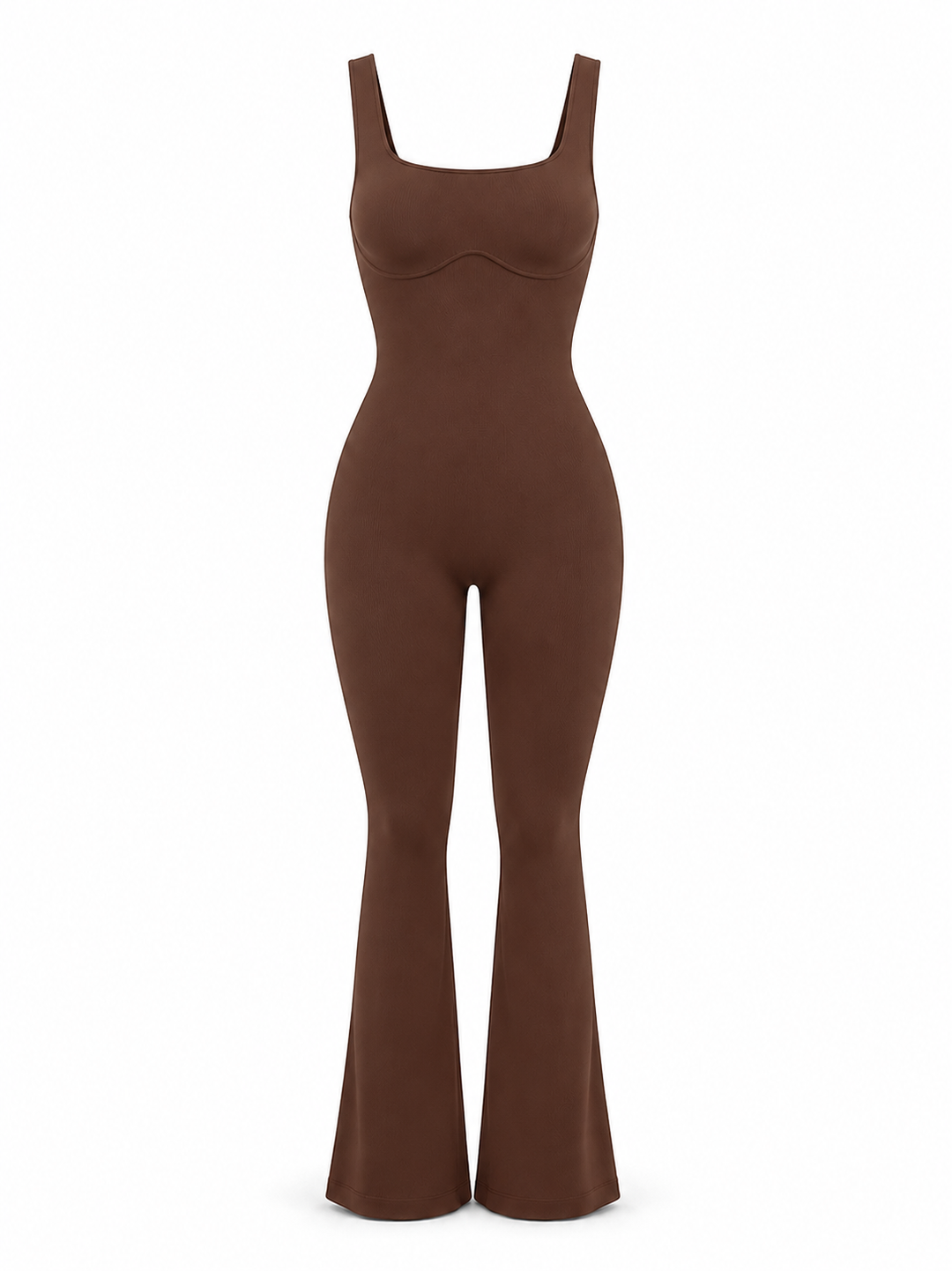 A brown sleeveless jumpsuit with a square neckline, fitted bodice, and flared legs, shown on a plain white background.