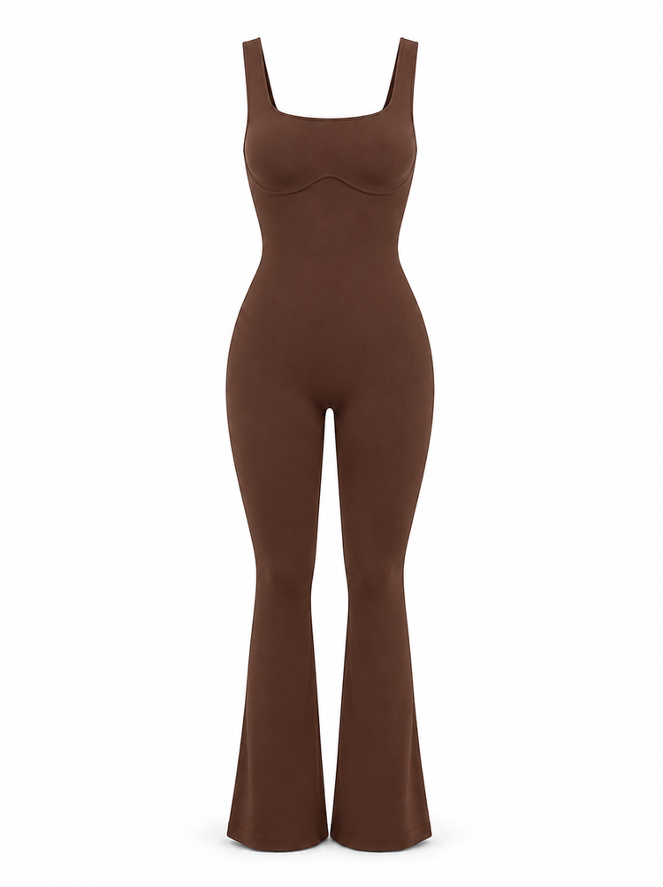 A brown sleeveless jumpsuit with a square neckline, fitted bodice, and flared legs, shown on a plain white background.