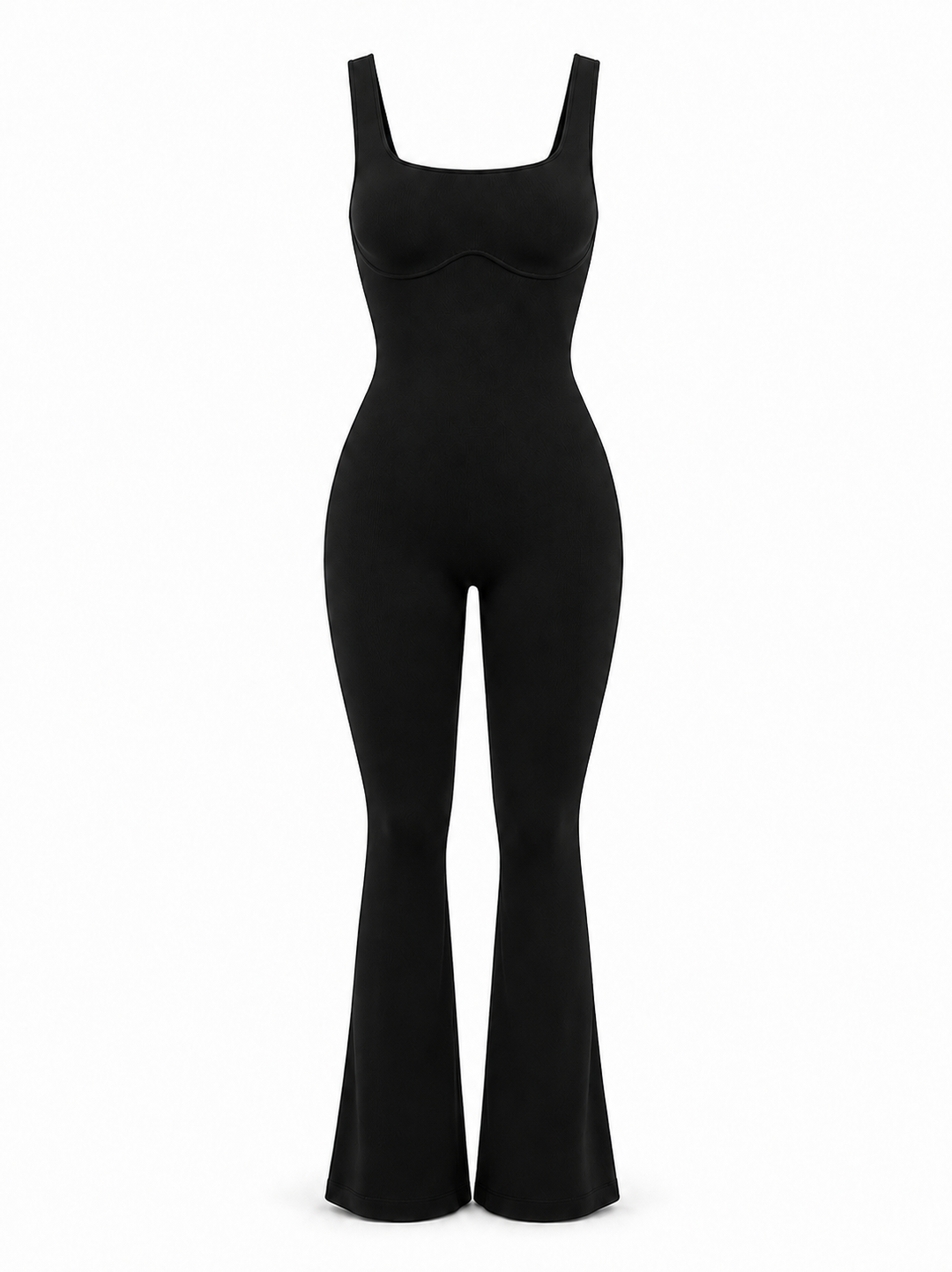 A black sleeveless jumpsuit with a square neckline, fitted bodice, and flared legs, shown on a plain white background.