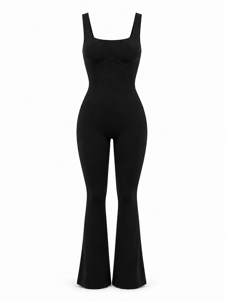 A black sleeveless jumpsuit with a square neckline, fitted bodice, and flared legs, shown on a plain white background.