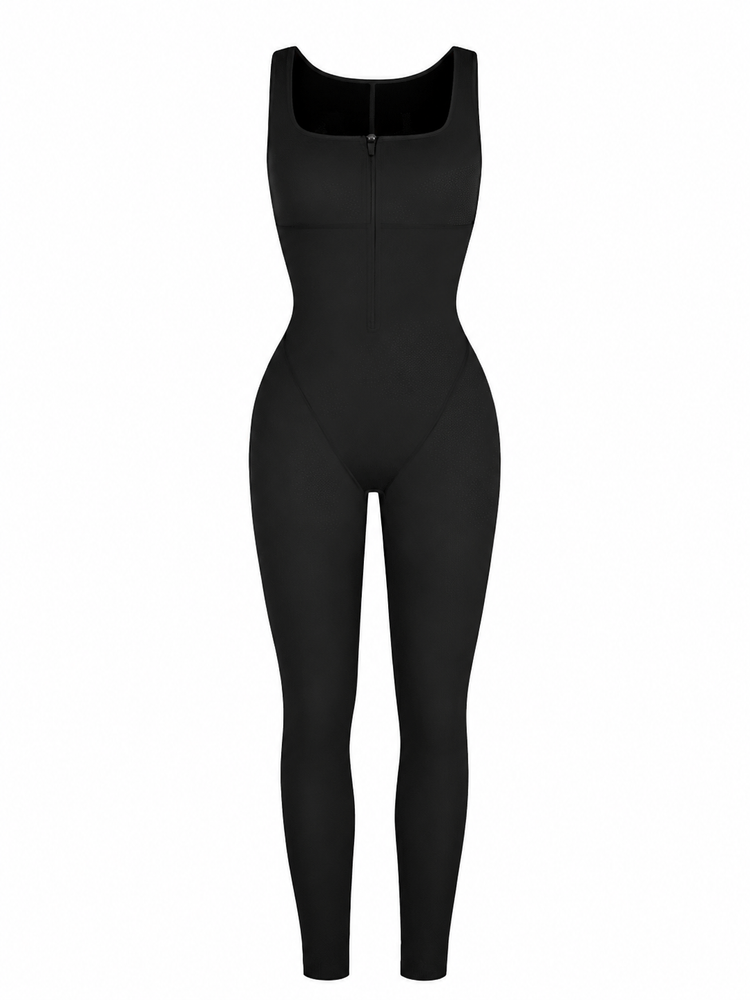 A black sleeveless bodysuit with a square neckline and a front zipper, shown on a plain white background.