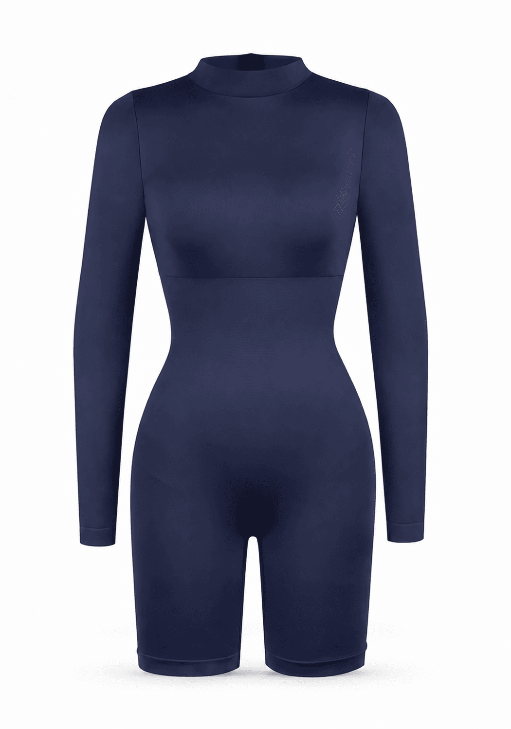 A dark navy blue long-sleeve mock neck bodycon jumpsuit displayed on a clean white background.