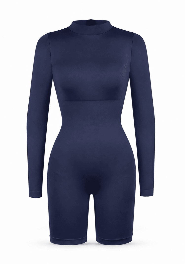 A dark navy blue long-sleeve mock neck bodycon jumpsuit displayed on a clean white background.