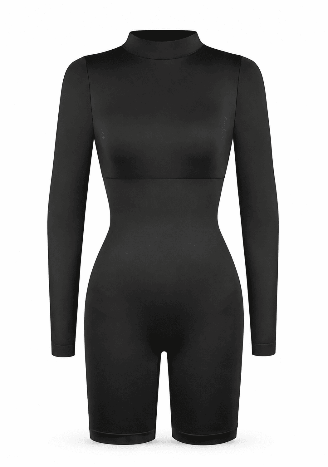 A black long-sleeve mock neck bodycon jumpsuit with integrated shorts, shown on a plain white background.