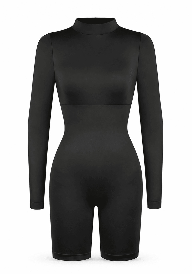 A black long-sleeve mock neck bodycon jumpsuit with integrated shorts, shown on a plain white background.