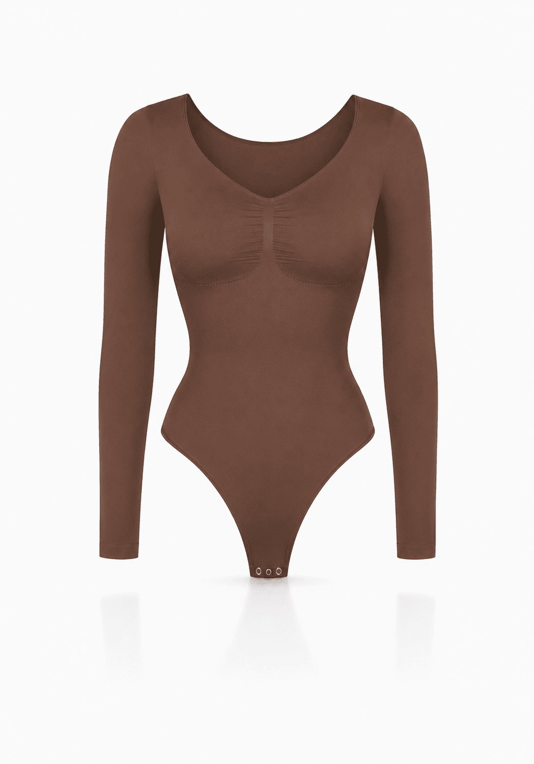 Sculpting long sleeve bodysuit in brown with a sleek design and light compression for a flattering fit.