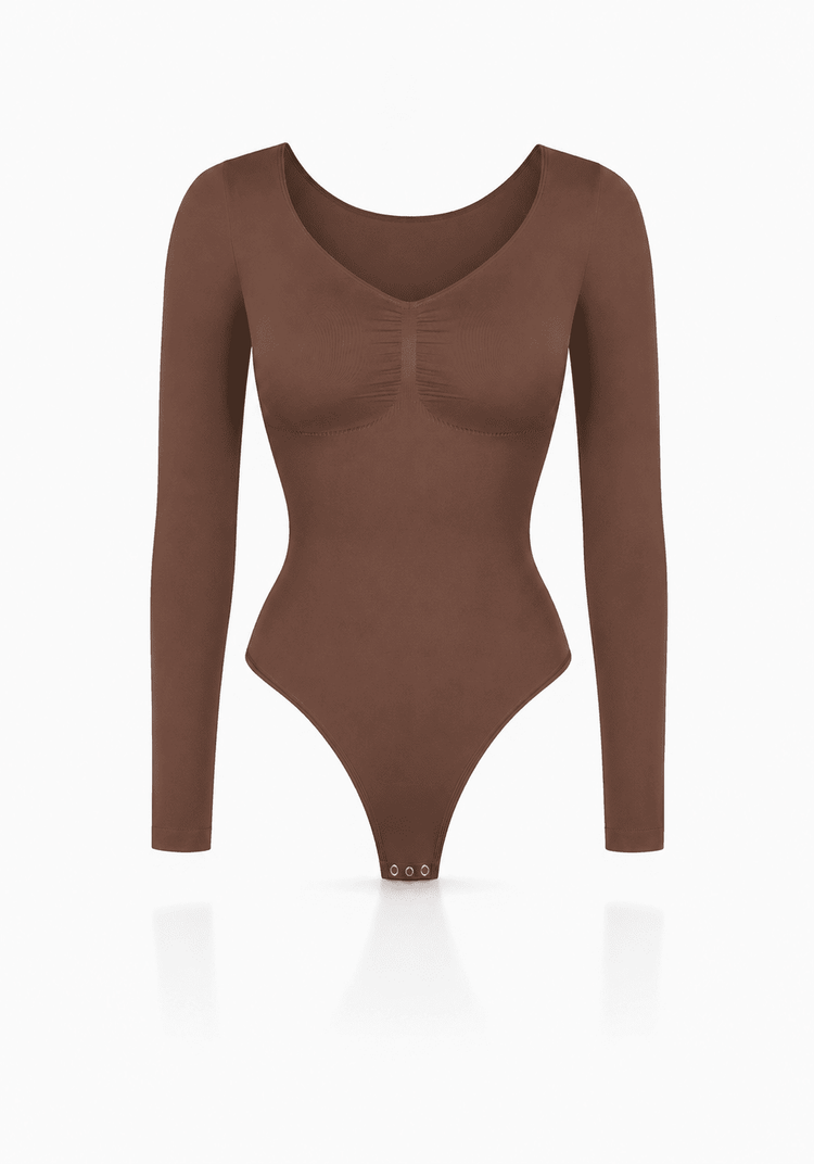 Sculpting long sleeve bodysuit in brown with a sleek design and light compression for a flattering fit.