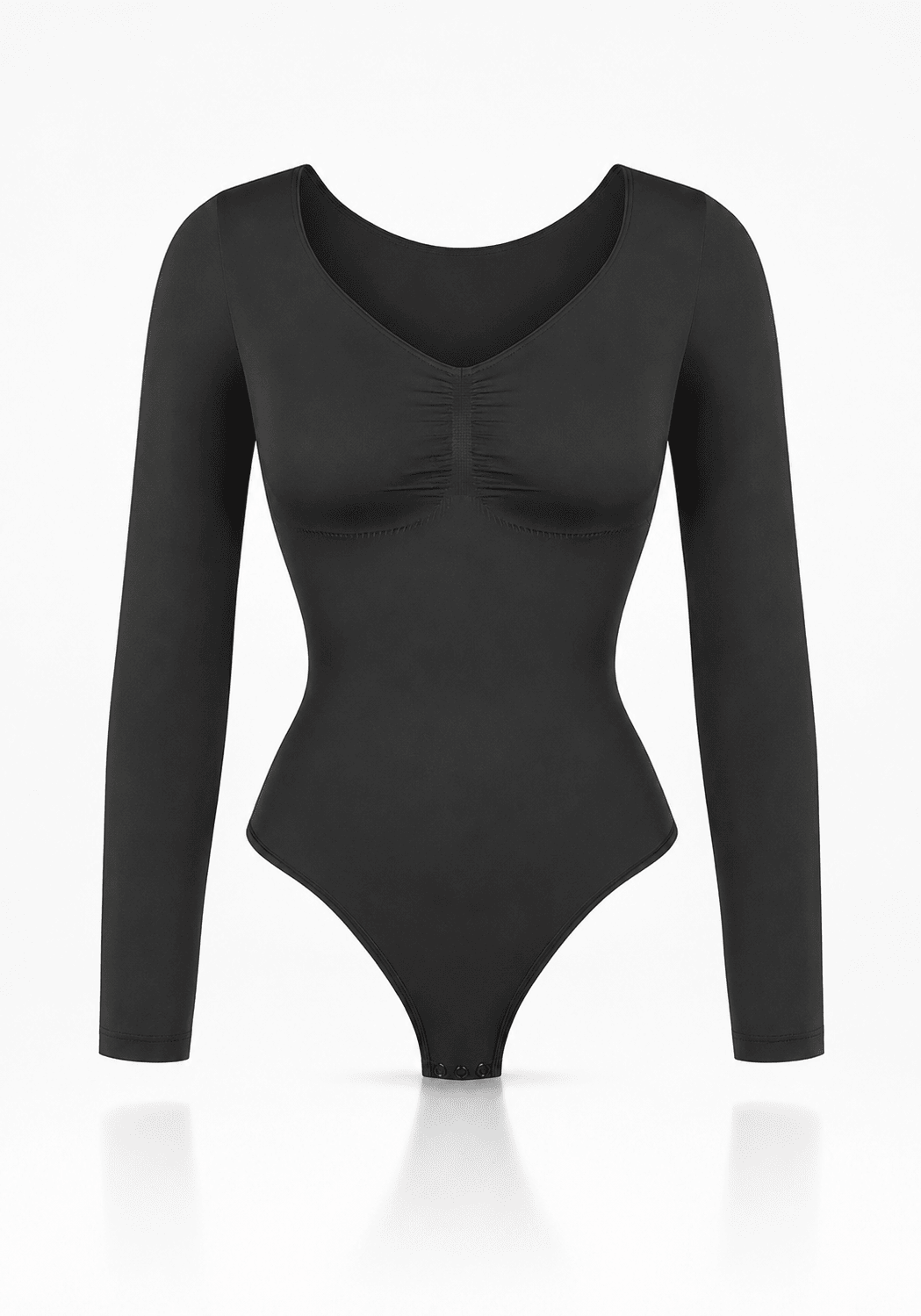 Black Second Skin Sculpt Long Sleeve Bodysuit showcasing sleek design and light compression for natural curves.