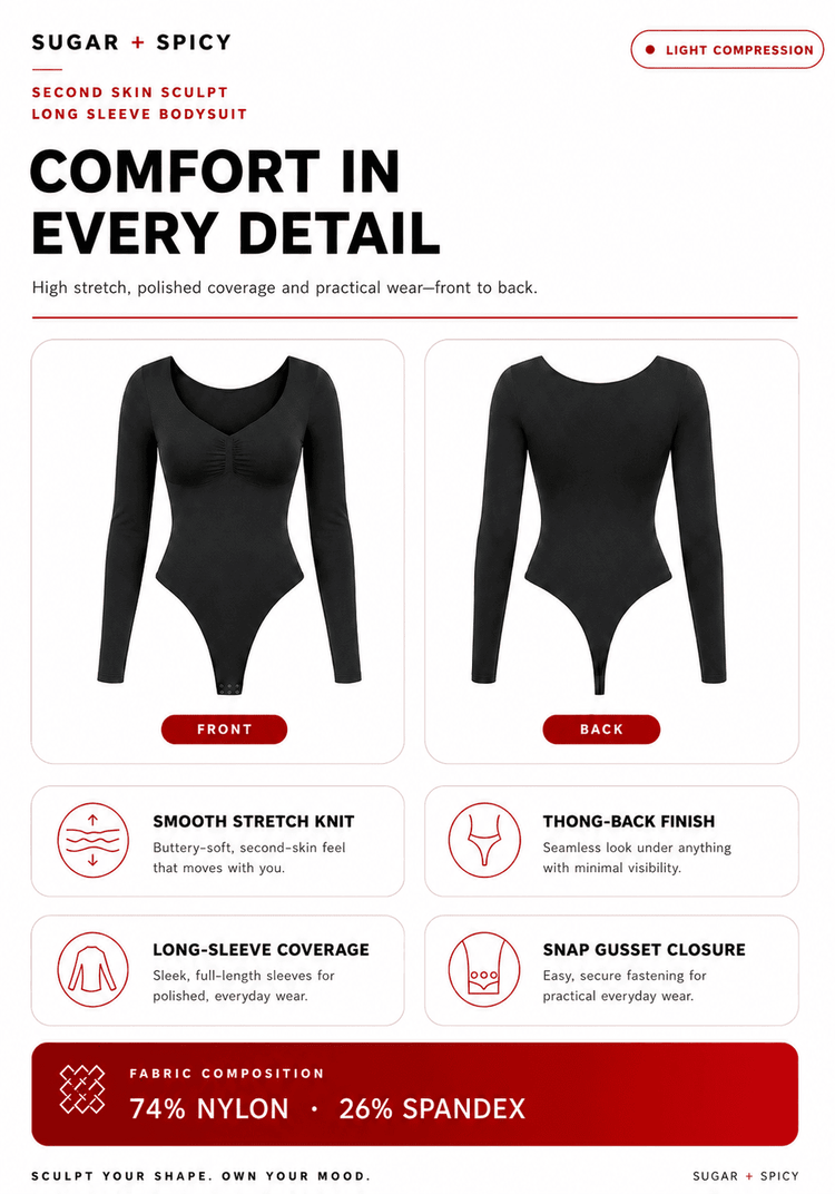 Second Skin Sculpt Long Sleeve Bodysuit with front and back views, showcasing its sculpting long sleeve bodysuit features.