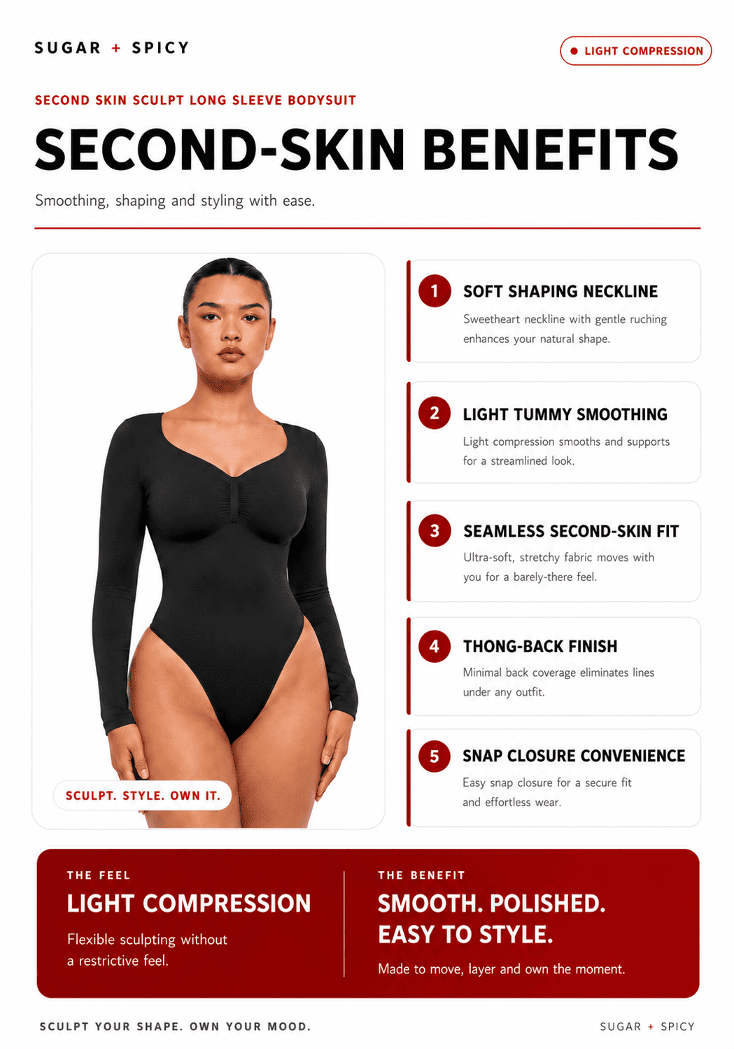 Second Skin Sculpt Long Sleeve Bodysuit showcasing its benefits like soft shaping neckline and light tummy smoothing.
