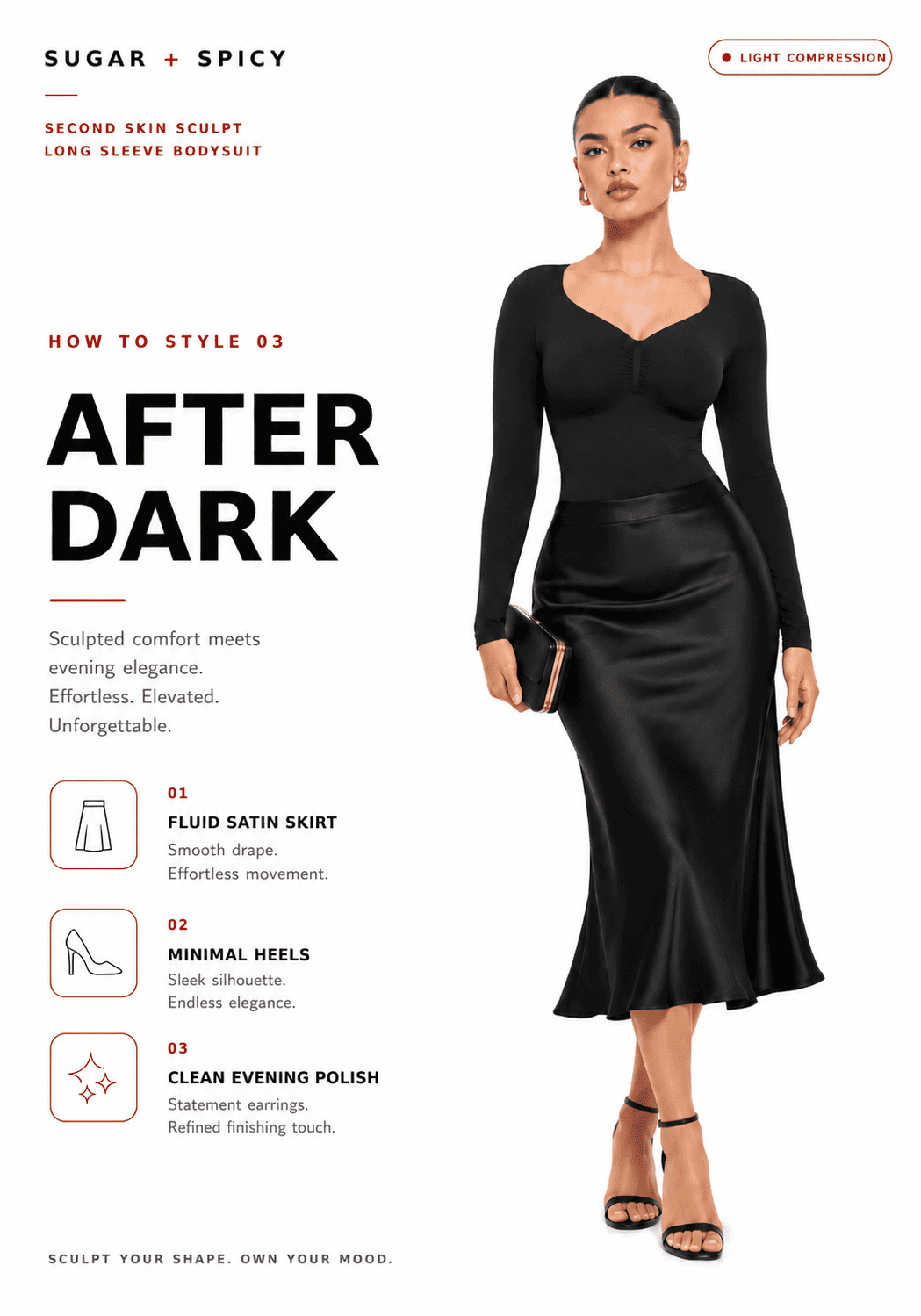 Model wearing the Second Skin Sculpt Long Sleeve Bodysuit, showcasing a stylish after dark look.
