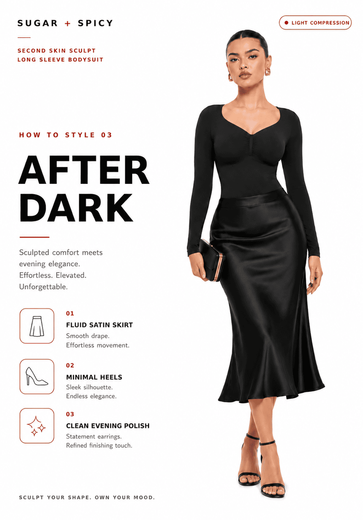 Model wearing the Second Skin Sculpt Long Sleeve Bodysuit, showcasing a stylish after dark look.