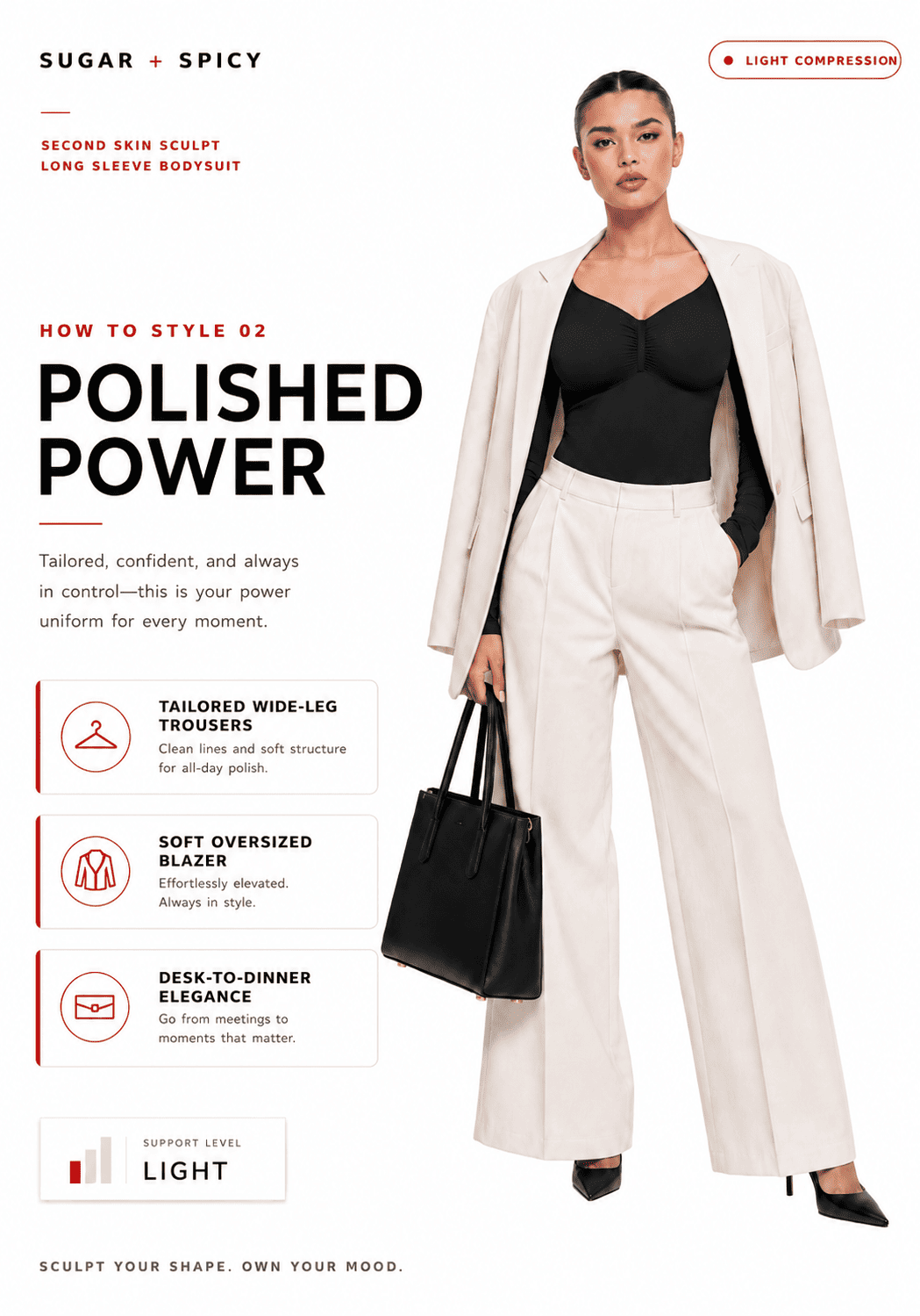 Model wearing a sculpting long sleeve bodysuit, styled with tailored trousers and oversized blazer for a polished look.