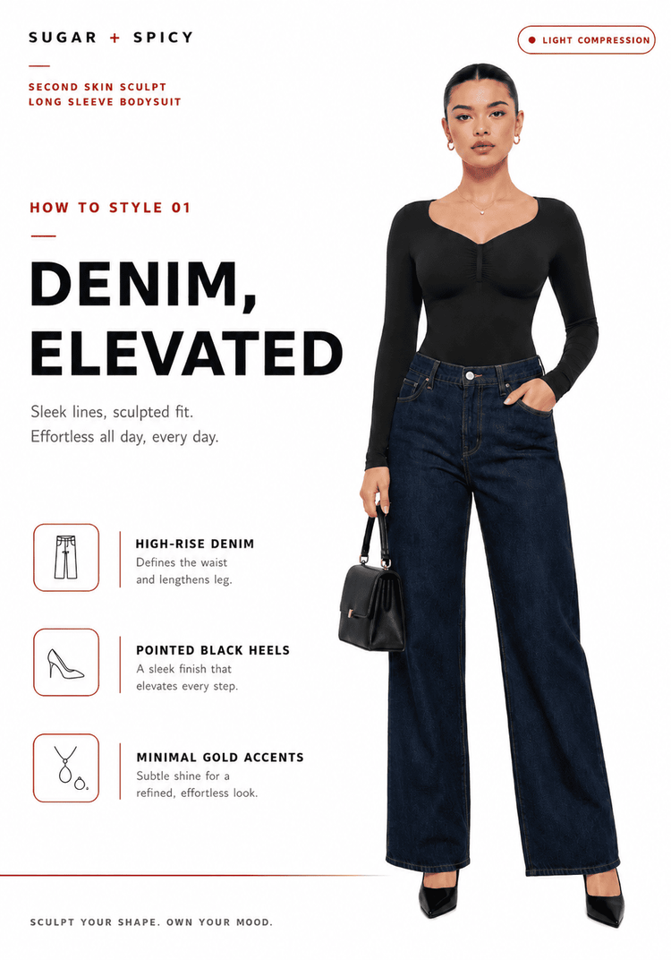 Model wearing a Second Skin Sculpt Long Sleeve Bodysuit styled with high-rise denim and pointed black heels.