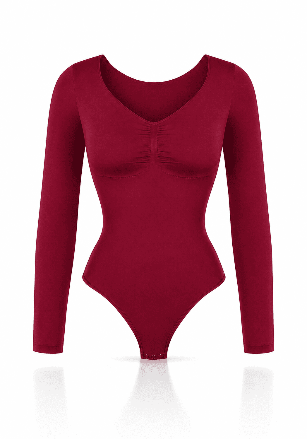 Sculpting long sleeve bodysuit in rich burgundy with a flattering neckline and long sleeves.