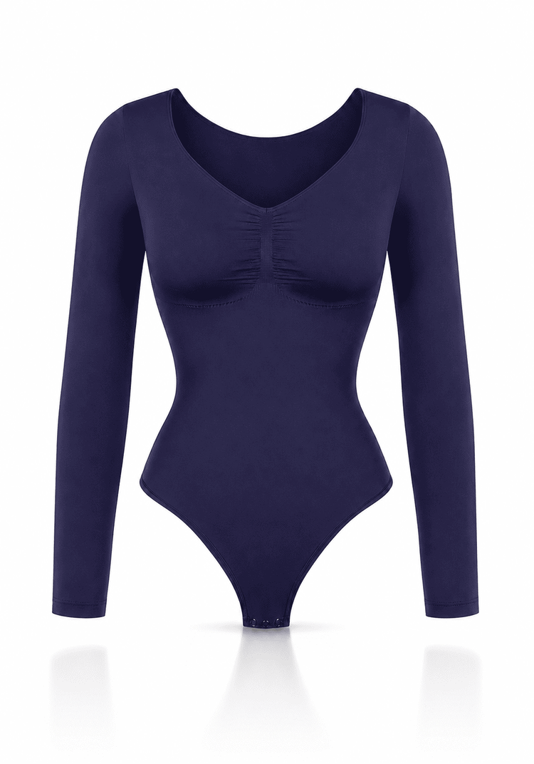 Second Skin Sculpt Long Sleeve Bodysuit in navy color, featuring a seamless design and soft knit for a sculpting long sleeve bodysuit.