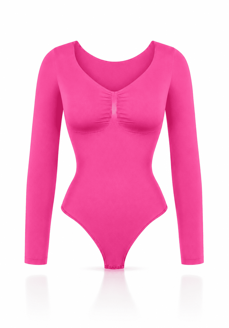 sculpting long sleeve bodysuit in bright pink color with long sleeves and a fitted design