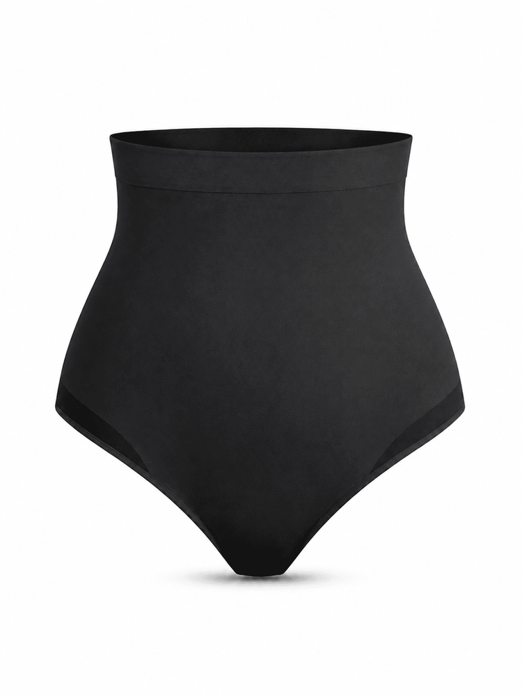 Black high-waisted briefs shown on a clean white background.