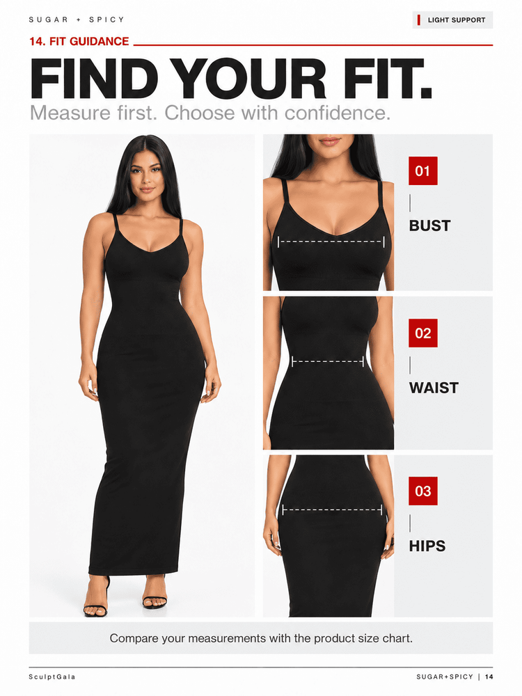 Fit guidance page for a black spaghetti-strap maxi dress, showing a full-body model view and three close-up torso measurements labeled bust, waist, and hips.
