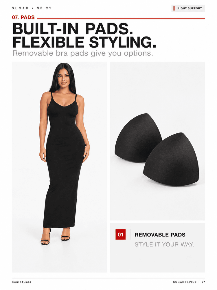 A promotional product graphic for Sugar x Spicy removable bra pads. On the left, a woman models a fitted black dress while wearing the product.