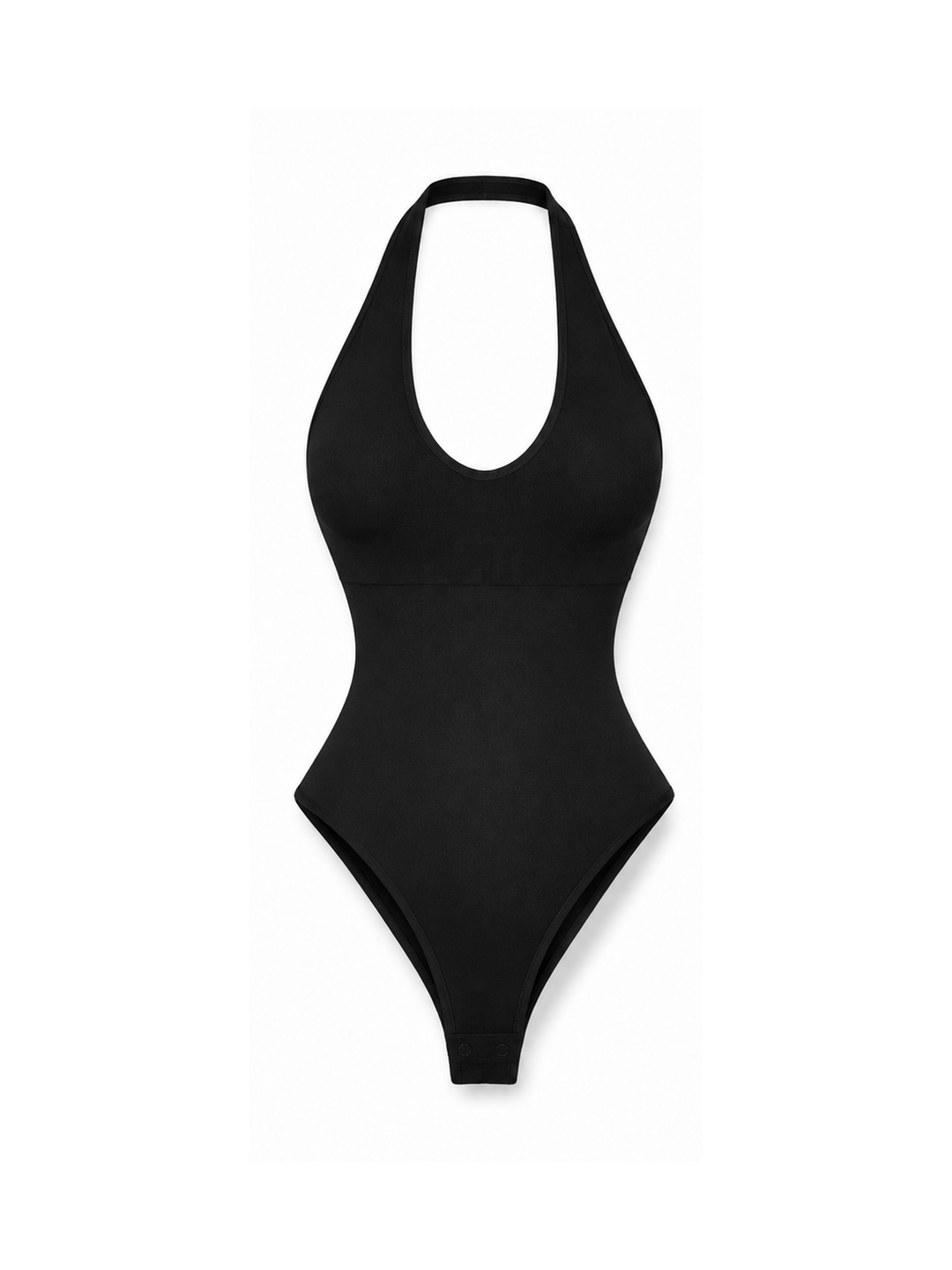 A black halter-neck one-piece swimsuit with a high-cut leg design, shown flat against a plain white background.