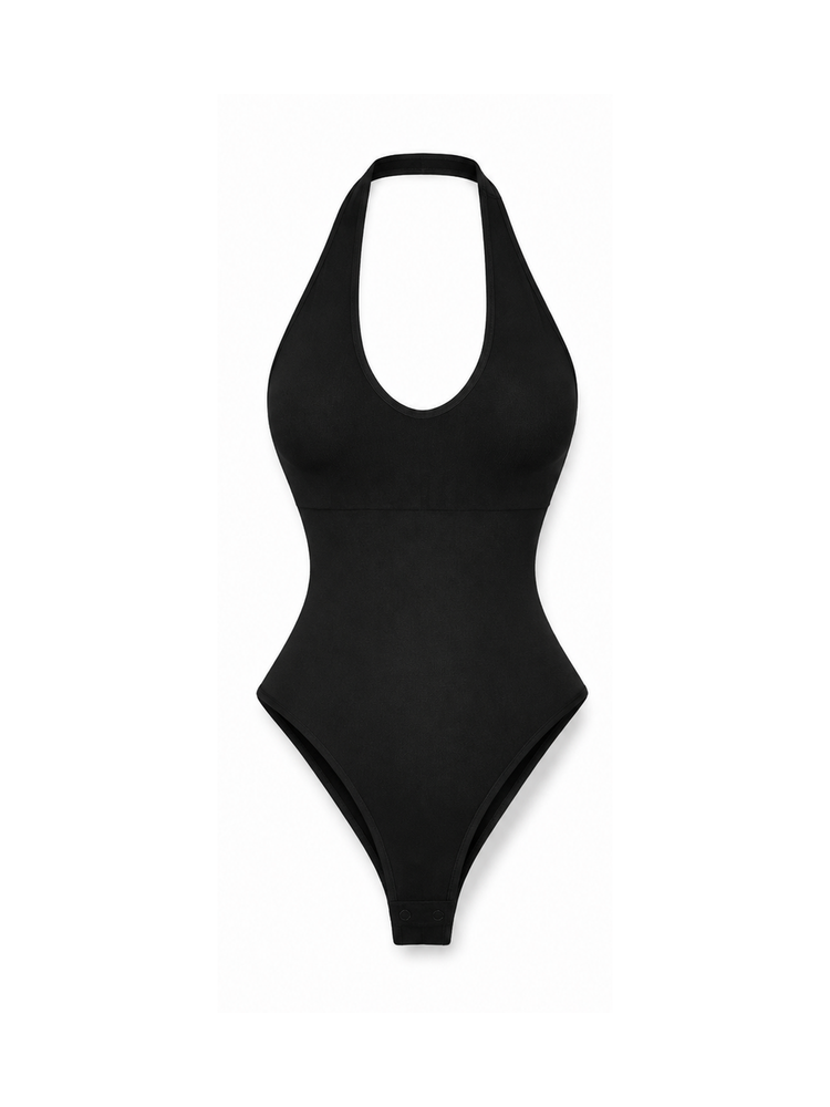 A black halter-neck one-piece swimsuit with a high-cut leg design, shown flat against a plain white background.