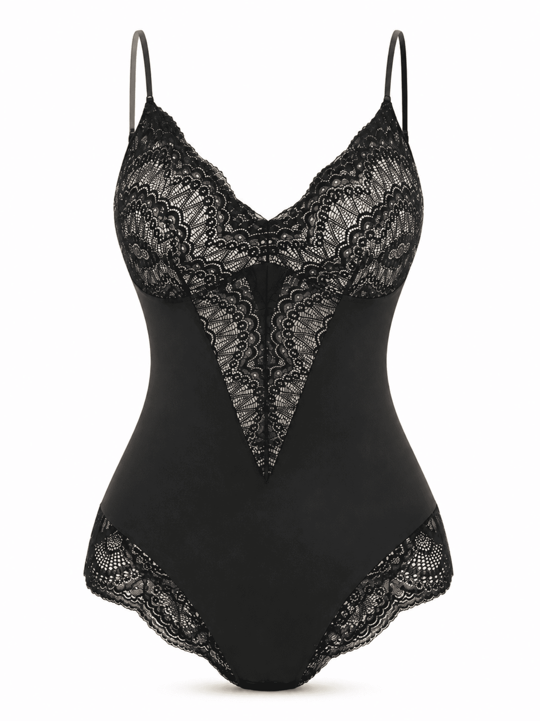 A black lace-trimmed bodysuit with thin shoulder straps and a sheer lace V-neck panel, shown against a plain white background.